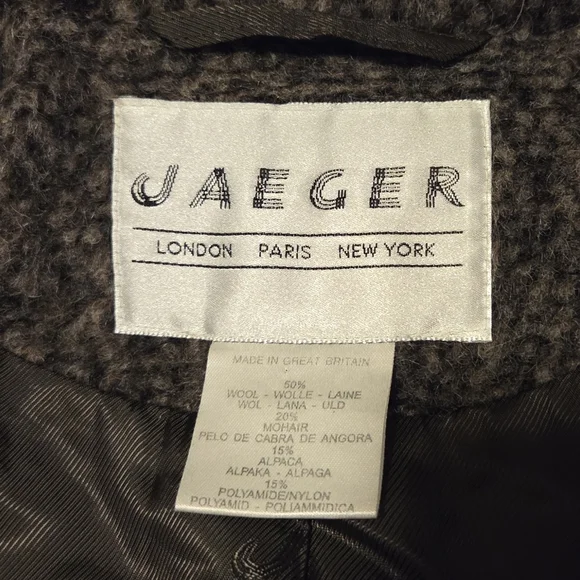 Jaeger Vintage Wool Double Breasted Tweed Pea Coat Gray Women's 6 Wooden Buttons